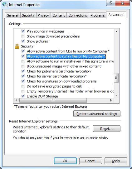 Allow Active Content to run in files on My Computer dialog box internet settings